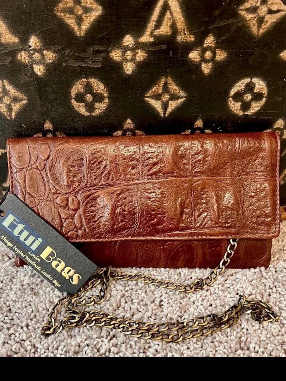 Etui Brown Croc Embossed Clutch Crossbody Bag, NEW